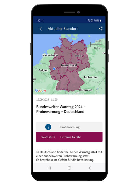 Eine NINA-Warnung zum bundesweiten Warntag 2024 in der Warnstufe "Extreme Gefahr"