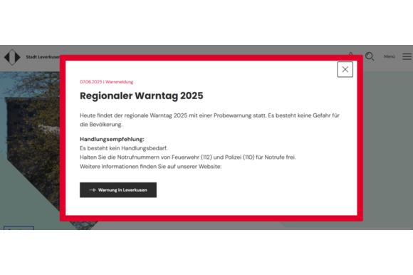 Es wird ein Beispiel-Warnbanner auf der Homepage der Stadt Leverkusen gezeigt.