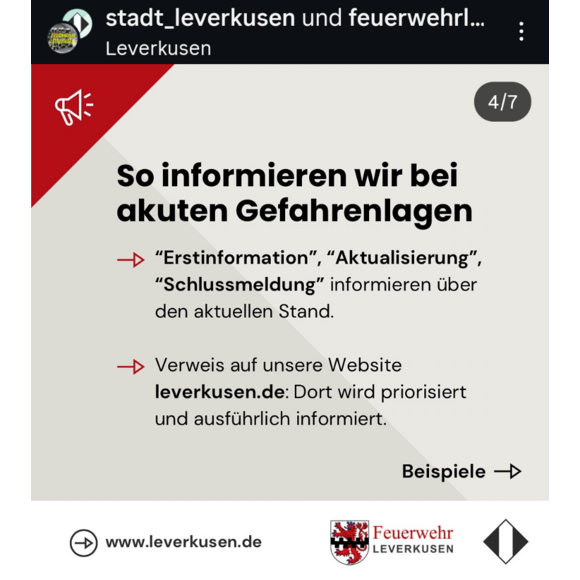 Ein Instragram-Beitrag der Stadt Leverkusen zur Warnung der Bevölkerung
