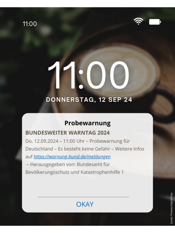 Eine Cell Broadcast-Nachricht zum bundesweiten Warntag 2024