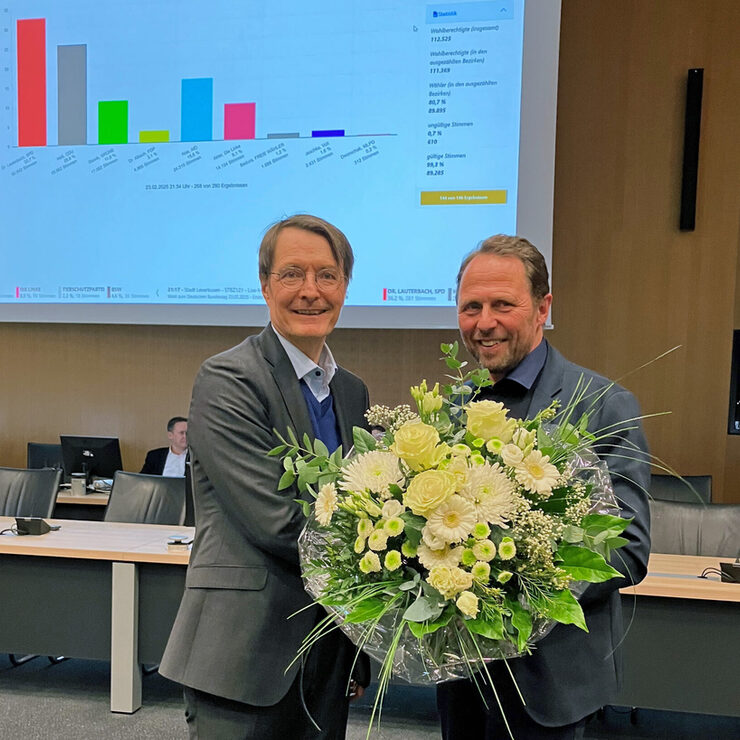 Dr. Karl Lauterbach (lks.) erringt das Direktmandat im Wahlkreis. Kreiswahlleiter Oberbürgermeister Uwe Richrath (re.) gratuliert.
