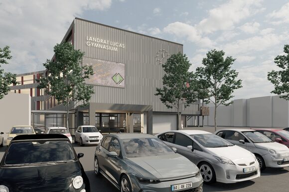 Visualisierung vom Landrat Lucas Gymnasium mit sanierter Fassade, Frontansicht