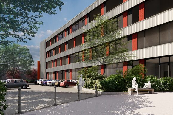 Visualisierung vom Landrat Lucas Gymnasium mit sanierter Fassade, Seitenansicht