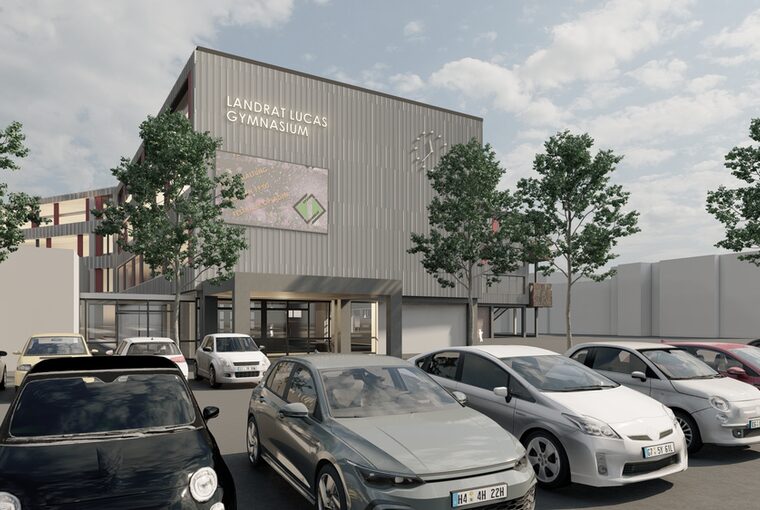 Visualisierung vom Landrat Lucas Gymnasium mit sanierter Fassade, Frontansicht