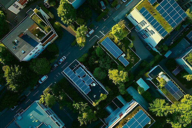 Aerial view of solar panels and roof greening measures in a housing estate in Berlin Germany : Generative AI