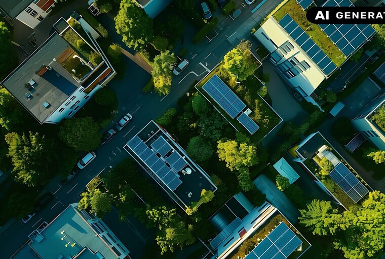 Aerial view of solar panels and roof greening measures in a housing estate in Berlin Germany : Generative AI
